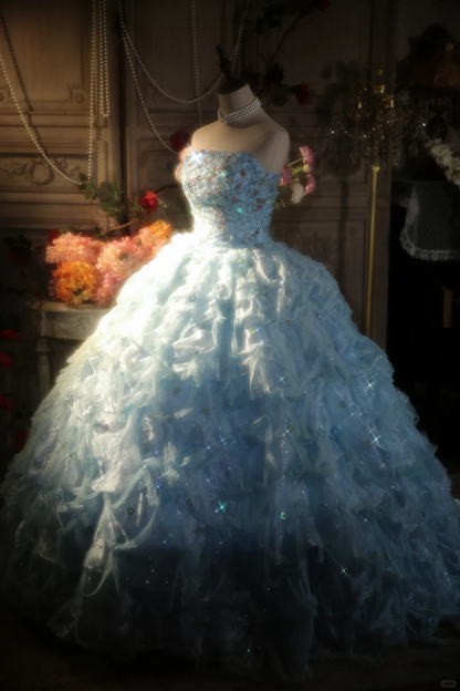 Pretty Ball Gown Strapless Pale Blue Satin Tulle Long Prom Dress, Party Dress, Evening Dress GG2878