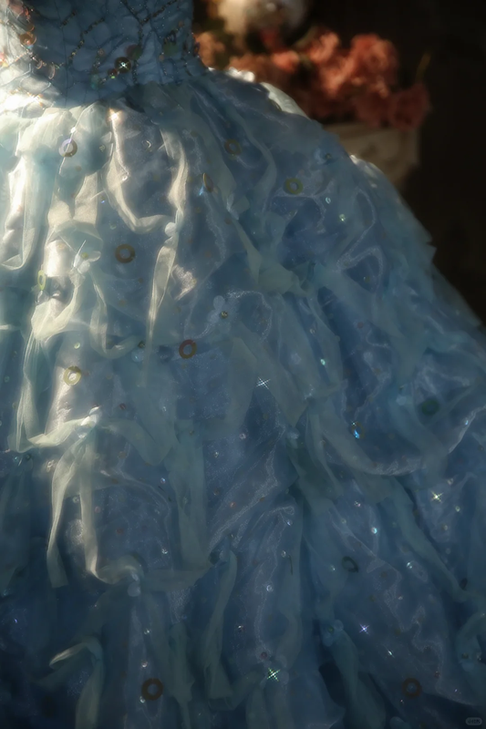 Pretty Ball Gown Strapless Pale Blue Satin Tulle Long Prom Dress, Party Dress, Evening Dress GG2878