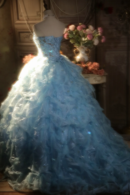 Pretty Ball Gown Strapless Pale Blue Satin Tulle Long Prom Dress, Party Dress, Evening Dress GG2878