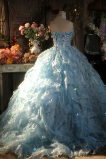 Pretty Ball Gown Strapless Pale Blue Satin Tulle Long Prom Dress, Party Dress, Evening Dress GG2878