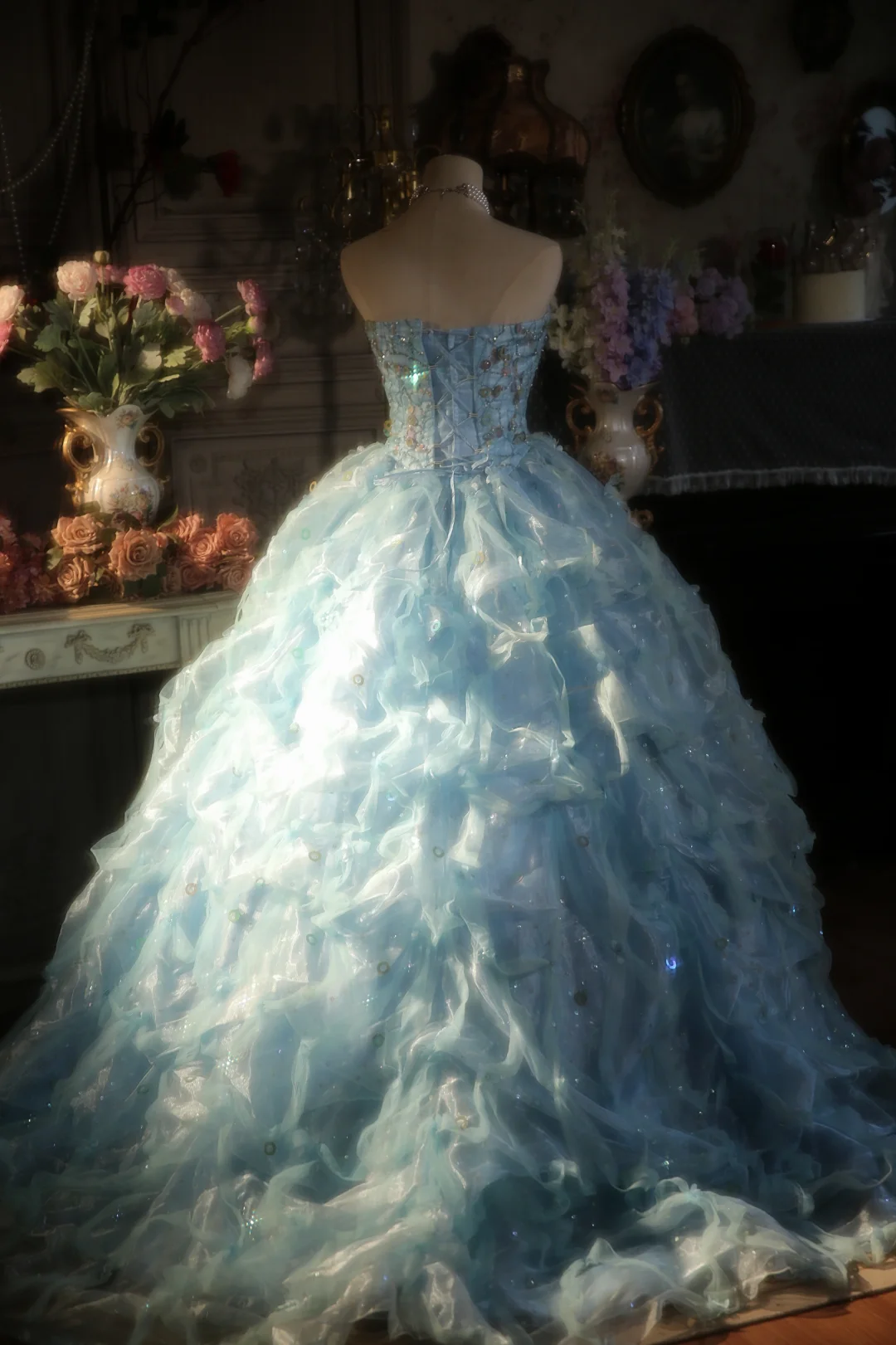 Pretty Ball Gown Strapless Pale Blue Satin Tulle Long Prom Dress, Party Dress, Evening Dress GG2878