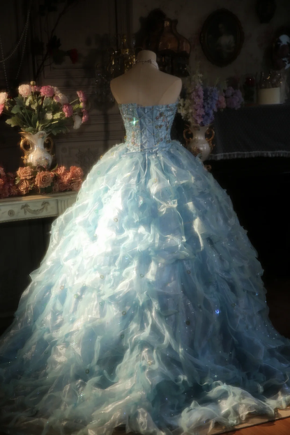 Pretty Ball Gown Strapless Pale Blue Satin Tulle Long Prom Dress, Party Dress, Evening Dress GG2878