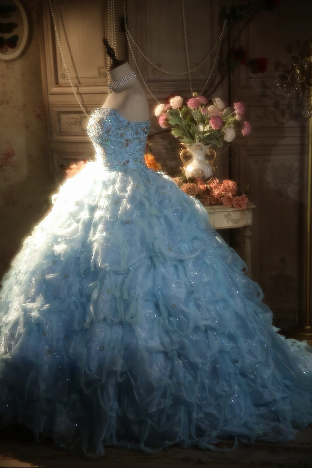 Pretty Ball Gown Strapless Pale Blue Satin Tulle Long Prom Dress, Party Dress, Evening Dress GG2878