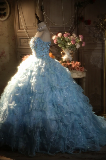 Pretty Ball Gown Strapless Pale Blue Satin Tulle Long Prom Dress, Party Dress, Evening Dress GG2878