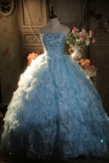 Pretty Ball Gown Strapless Pale Blue Satin Tulle Long Prom Dress, Party Dress, Evening Dress GG2878