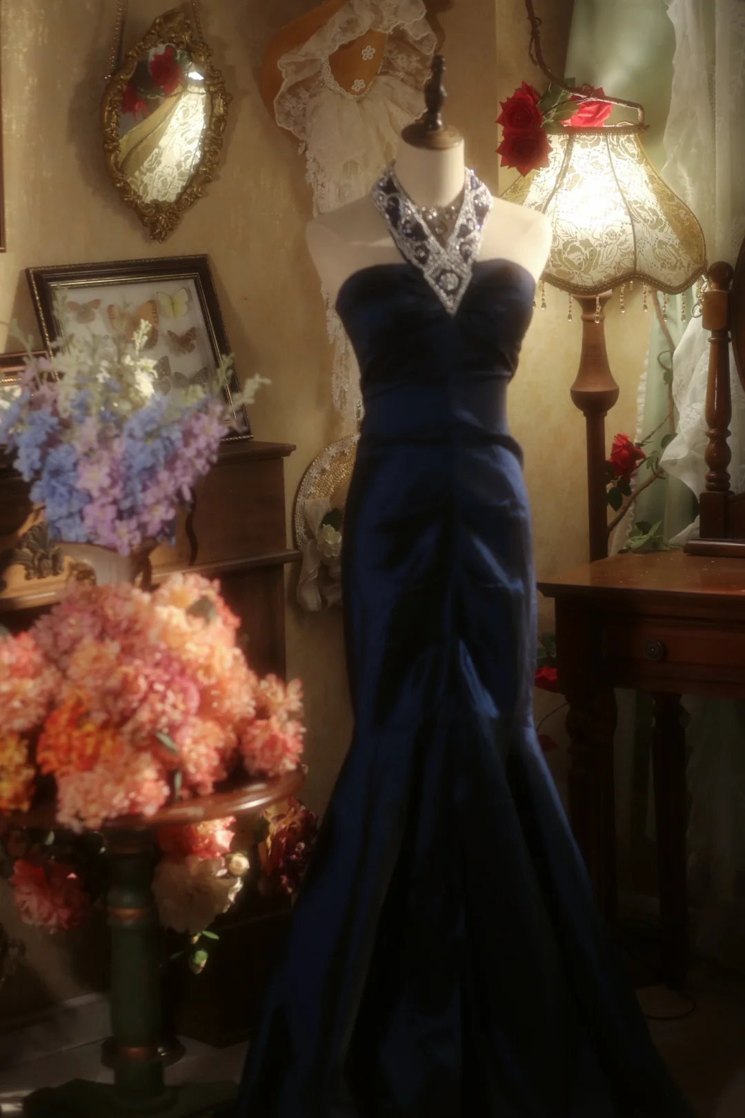 Chic Mermaid Halter Navy Satin Beaded Long Prom Dress, Party Dress, Evening Dress GG2879