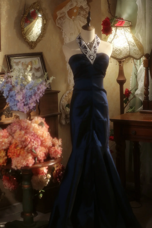 Chic Mermaid Halter Navy Satin Beaded Long Prom Dress, Party Dress, Evening Dress GG2879