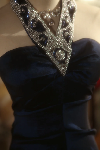 Chic Mermaid Halter Navy Satin Beaded Long Prom Dress, Party Dress, Evening Dress GG2879