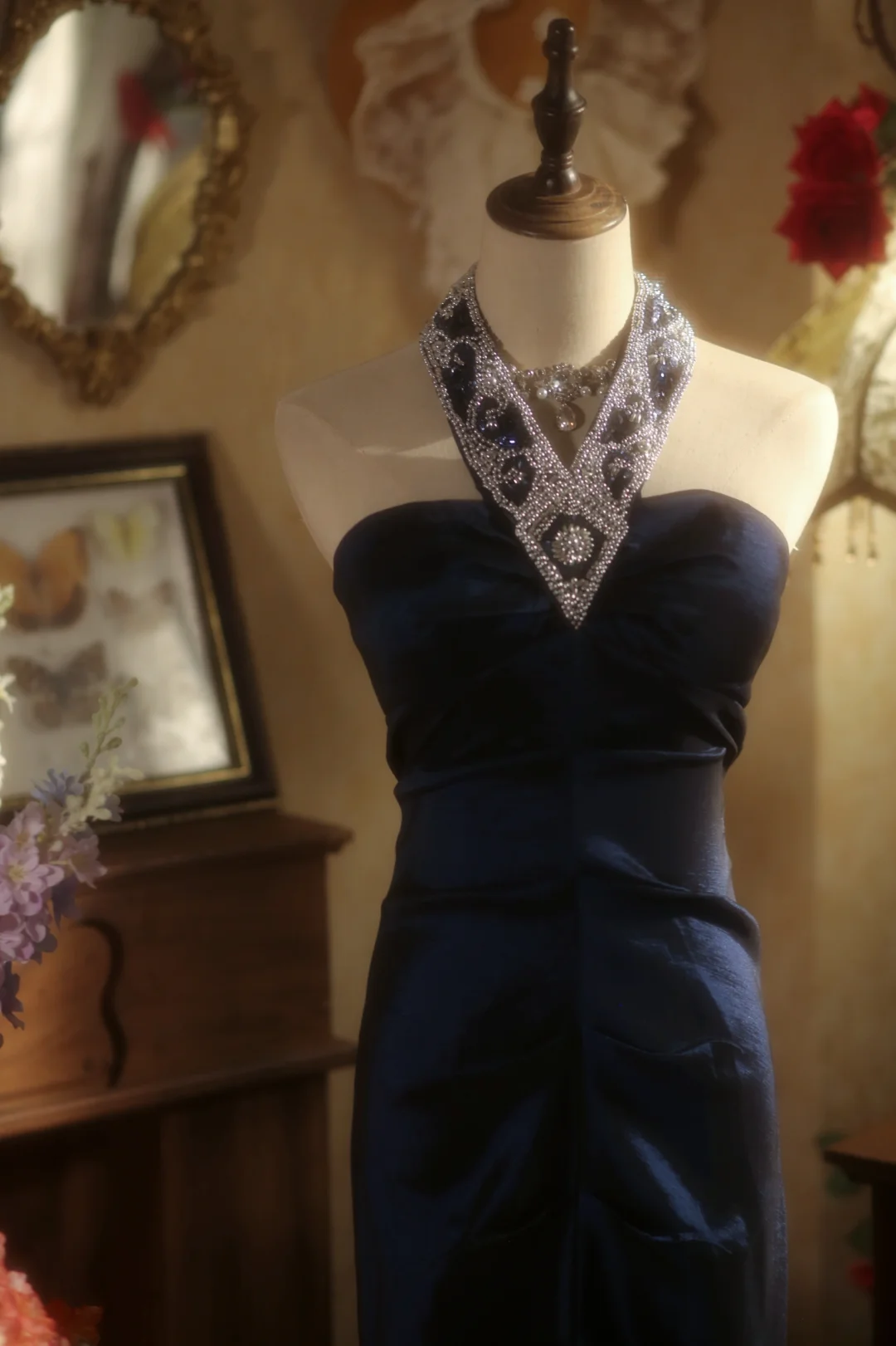 Chic Mermaid Halter Navy Satin Beaded Long Prom Dress, Party Dress, Evening Dress GG2879