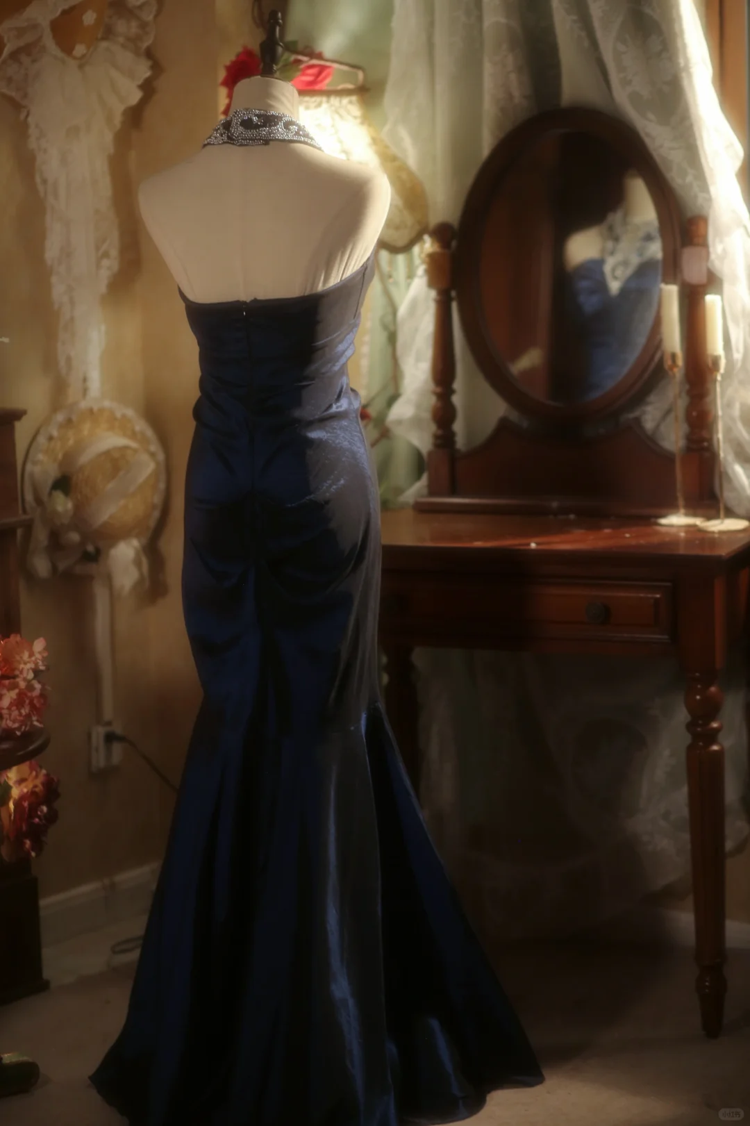 Chic Mermaid Halter Navy Satin Beaded Long Prom Dress, Party Dress, Evening Dress GG2879