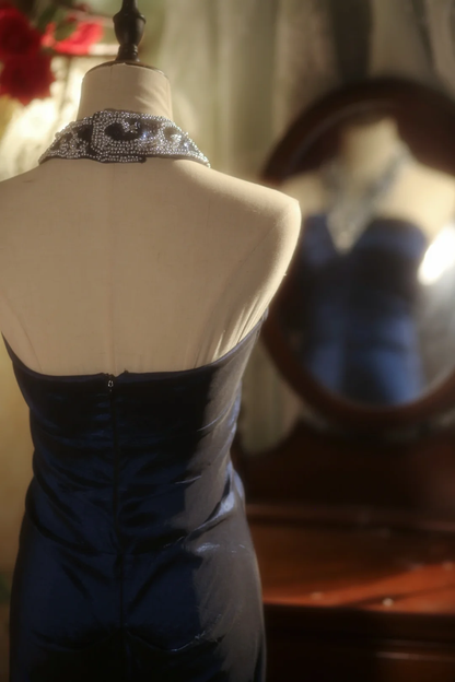 Chic Mermaid Halter Navy Satin Beaded Long Prom Dress, Party Dress, Evening Dress GG2879