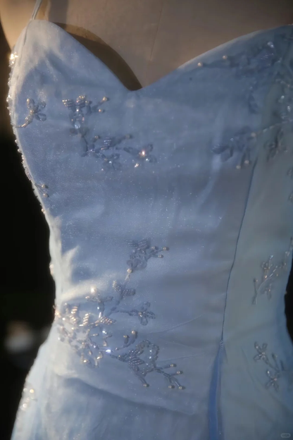 Classy A Line Spaghetti Straps Satin Tulle Beaded Long Prom Dress, Party Dress, Evening Dress GG2881