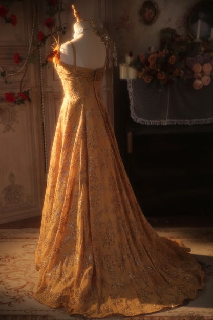 Chic A Line Spaghetti Straps Satin Beaded Long Prom Dress, Party Dress, Evening Dress GG2882