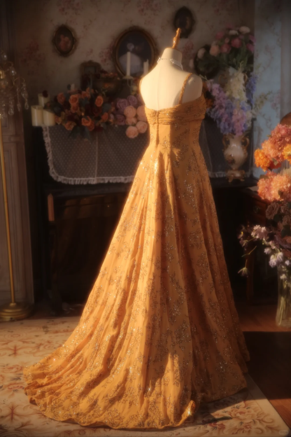 Chic A Line Spaghetti Straps Satin Beaded Long Prom Dress, Party Dress, Evening Dress GG2882