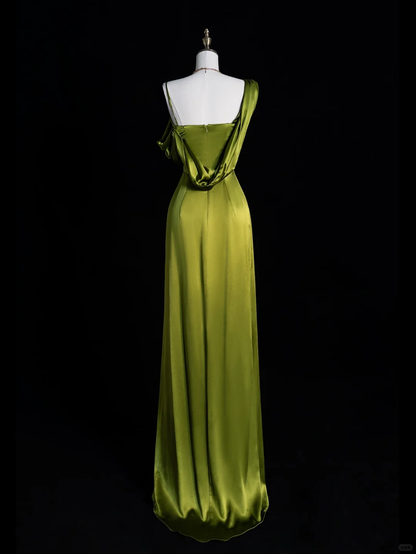 Classy A Line Off The Shoulder Green Satin Pleated Slit Long Prom Dress, Party Dress, Evening Dress GG2884