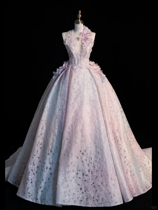 Sweet Ball Gown Halter Satin Applique Long Prom Dress, Party  Dress, Evening Dress GG2887