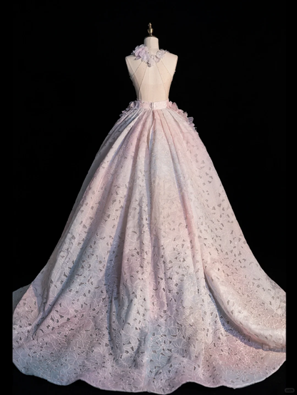 Sweet Ball Gown Halter Satin Applique Long Prom Dress, Party  Dress, Evening Dress GG2887