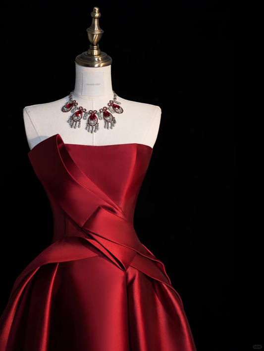 Elegant A Line Strapless Red Satin Long Prom Dress, Party Dress, Evening Dress GG2889