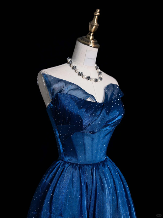 Unique A Line Strapless Satin Tulle Beaded Long Prom Dress, Party Dress, Evening Dress GG2891