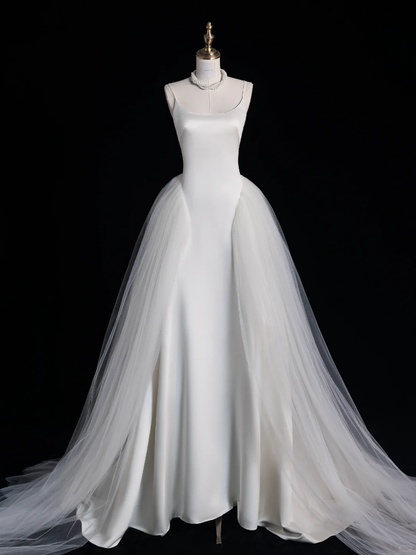 Classy A Line Spaghetti Straps White Satin Tulle Long Prom Dress, Party Dress, Evening Dress GG2892