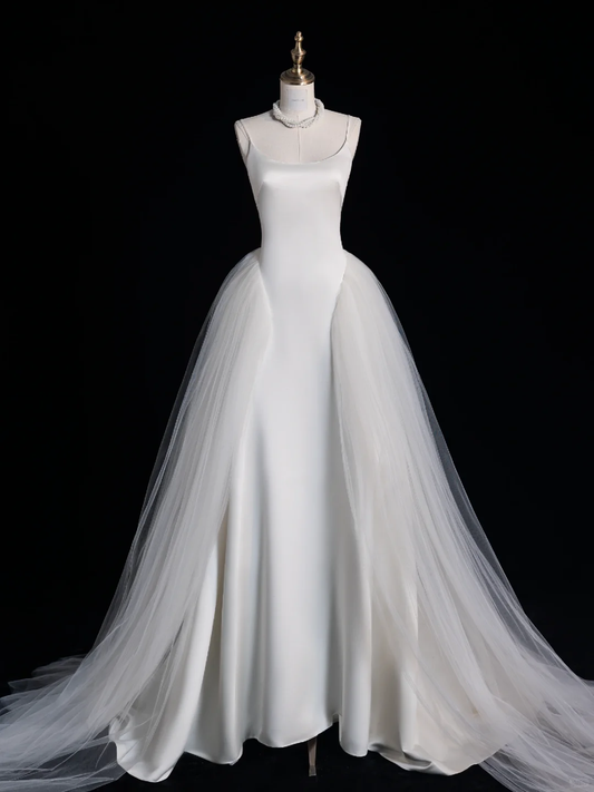 Classy A Line Spaghetti Straps White Satin Tulle Long Prom Dress, Party Dress, Evening Dress GG2892