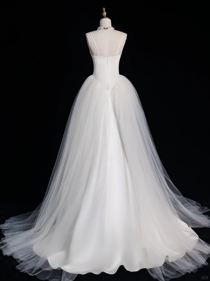 Classy A Line Spaghetti Straps White Satin Tulle Long Prom Dress, Party Dress, Evening Dress GG2892