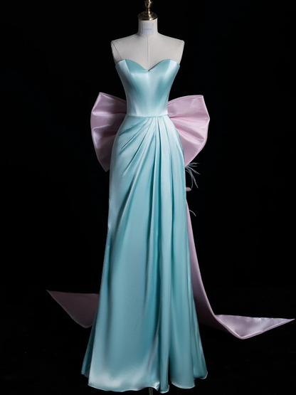 Pretty Mermaid Strapless Light Blue Satin Back With Bow Long Prom Dress, Party Dress, Evening Dress GG2896