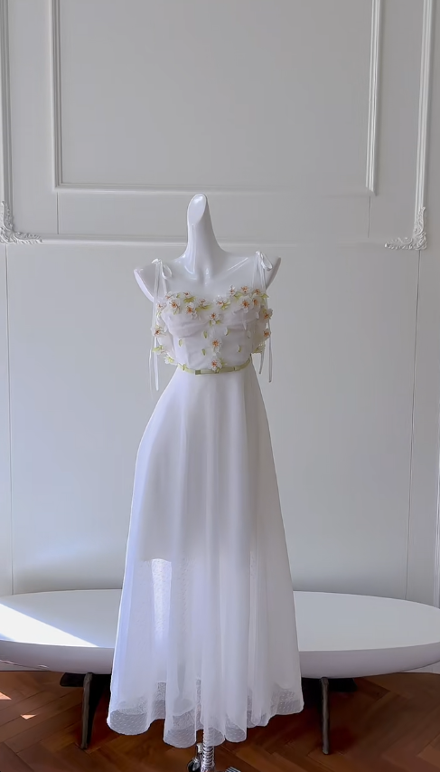 Cute A Line Spaghetti Straps White Tulle Applique Long Prom Dress, Party Dress, Evening Dress GG2898