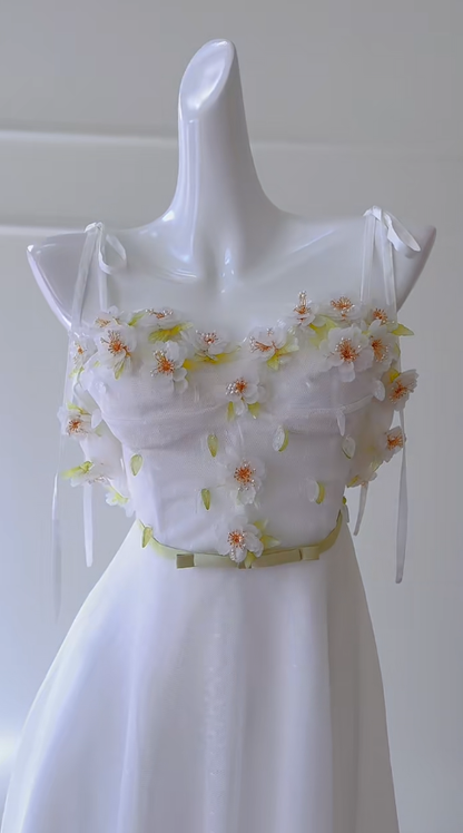 Cute A Line Spaghetti Straps White Tulle Applique Long Prom Dress, Party Dress, Evening Dress GG2898