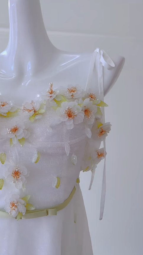 Cute A Line Spaghetti Straps White Tulle Applique Long Prom Dress, Party Dress, Evening Dress GG2898