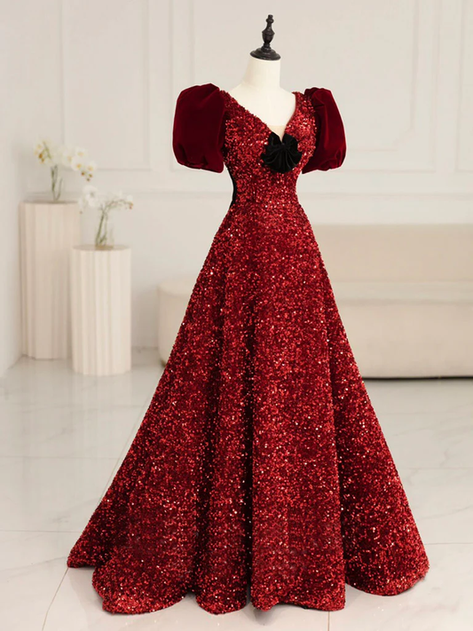 Elegant A Line Burgundy V Neck Short Bubble Sleeves Velvet Sequin Bow Long Prom Dress, Evening Dress GG289