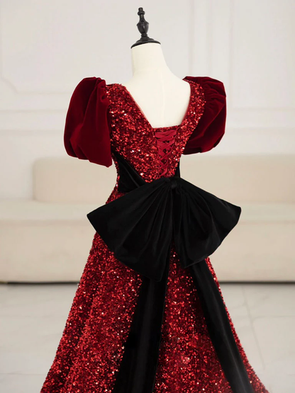 Elegant A Line Burgundy V Neck Short Bubble Sleeves Velvet Sequin Bow Long Prom Dress, Evening Dress GG289