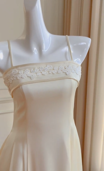 Classy A Line Spaghetti Straps Satin Applique Long Prom Dress, Party Dress, Evening Dress GG2902