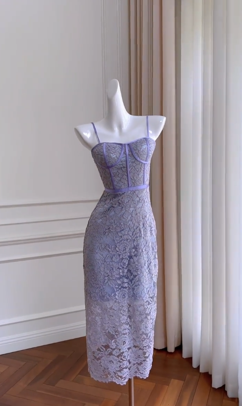 Stunning Mermaid Spaghetti Straps Lilac Satin Lace Long Prom Dress, Party Dress, Evening Dress GG2906