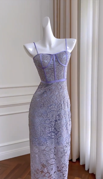 Stunning Mermaid Spaghetti Straps Lilac Satin Lace Long Prom Dress, Party Dress, Evening Dress GG2906