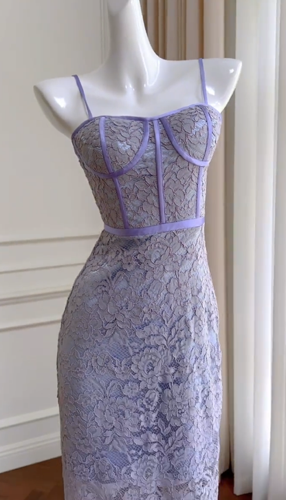 Stunning Mermaid Spaghetti Straps Lilac Satin Lace Long Prom Dress, Party Dress, Evening Dress GG2906
