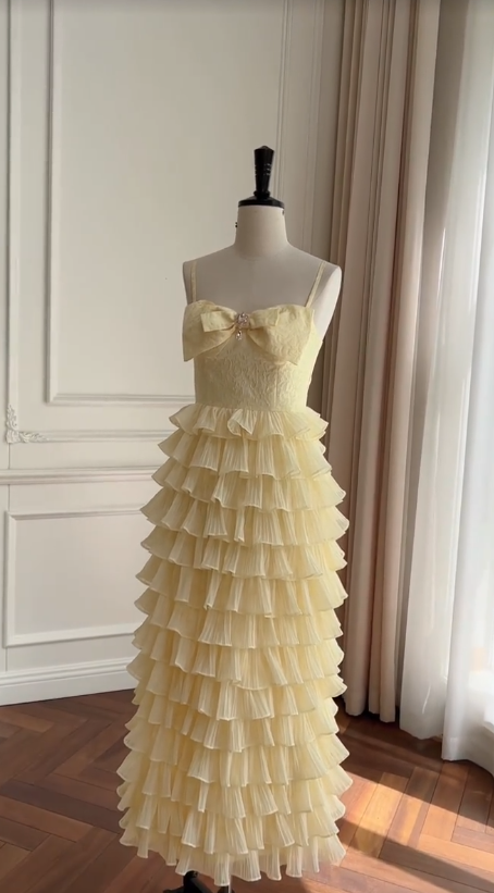Cute A Line Spaghetti Straps Pastel Yellow Satin Tiered Long Prom Dress, Party Dress, Evening Dress GG2907