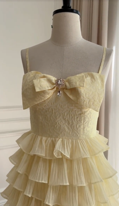 Cute A Line Spaghetti Straps Pastel Yellow Satin Tiered Long Prom Dress, Party Dress, Evening Dress GG2907