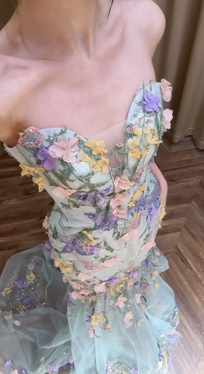 Peautiful Mermaid Strapless Tulle Applqiue Long Prom Dress, Party Dress, Evening Dress GG2909