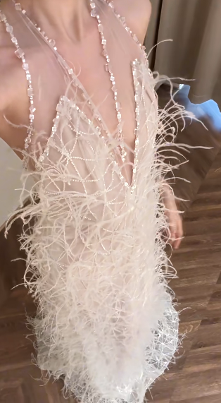 Chic Mermaid Halter Tulle Beaded Feather Long Prom Dress, Party Dress, Evening Dress GG2913