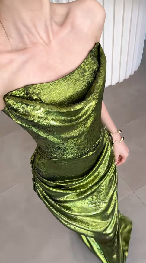 Elegant Mermaid Strapless Green Satin Pleated Long Prom Dress, Party Dress, Evening Dress GG2914