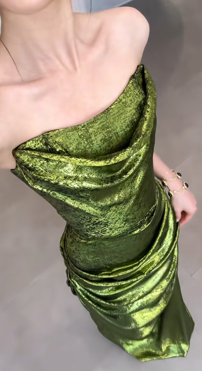 Elegant Mermaid Strapless Green Satin Pleated Long Prom Dress, Party Dress, Evening Dress GG2914