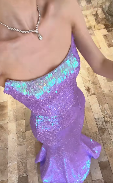 Sparkly Mermaid Strapless Lilac Sequin Long Prom Dress, Party Dress, Evening Dress GG2915