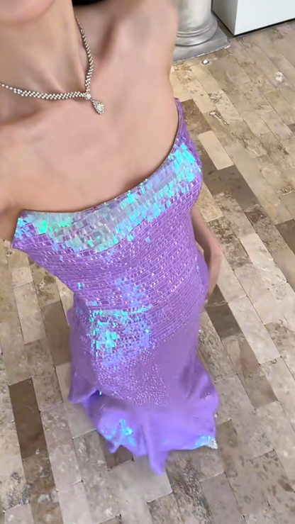 Sparkly Mermaid Strapless Lilac Sequin Long Prom Dress, Party Dress, Evening Dress GG2915
