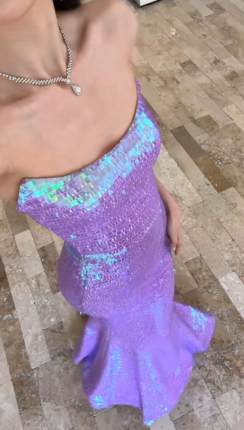 Sparkly Mermaid Strapless Lilac Sequin Long Prom Dress, Party Dress, Evening Dress GG2915