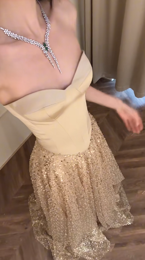 Shiny A Line Strapless Satin Tulle Sequin Long Prom Dress, Party Dress, Evening Dress GG2916