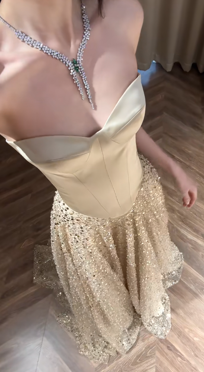 Shiny A Line Strapless Satin Tulle Sequin Long Prom Dress, Party Dress, Evening Dress GG2916