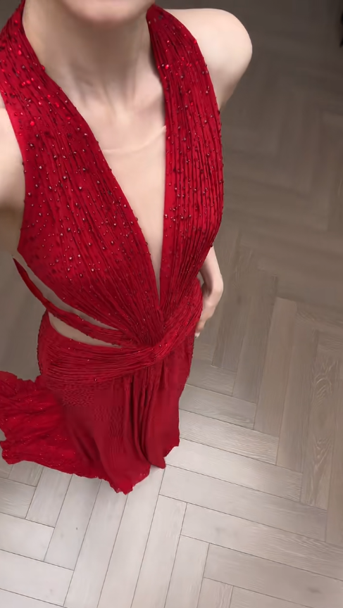 Stunning Mermaid Halter Red Satin Beaded Long Prom Dress, Party Dress, Evening Dress GG2917