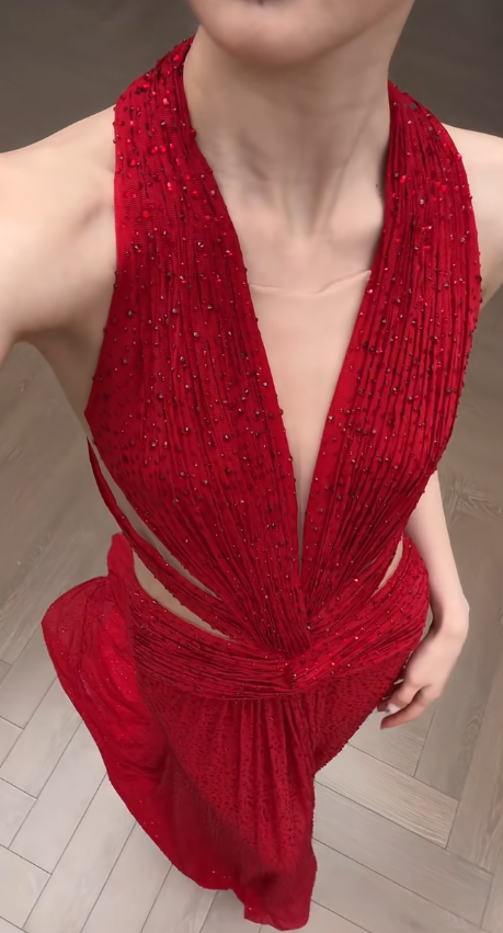 Stunning Mermaid Halter Red Satin Beaded Long Prom Dress, Party Dress, Evening Dress GG2917