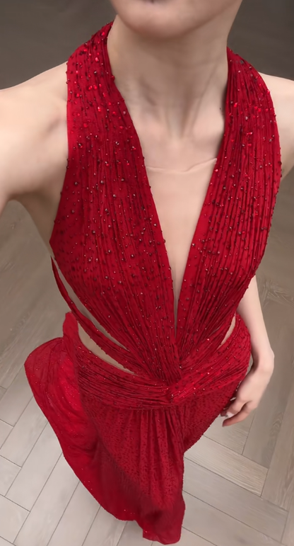 Stunning Mermaid Halter Red Satin Beaded Long Prom Dress, Party Dress, Evening Dress GG2917